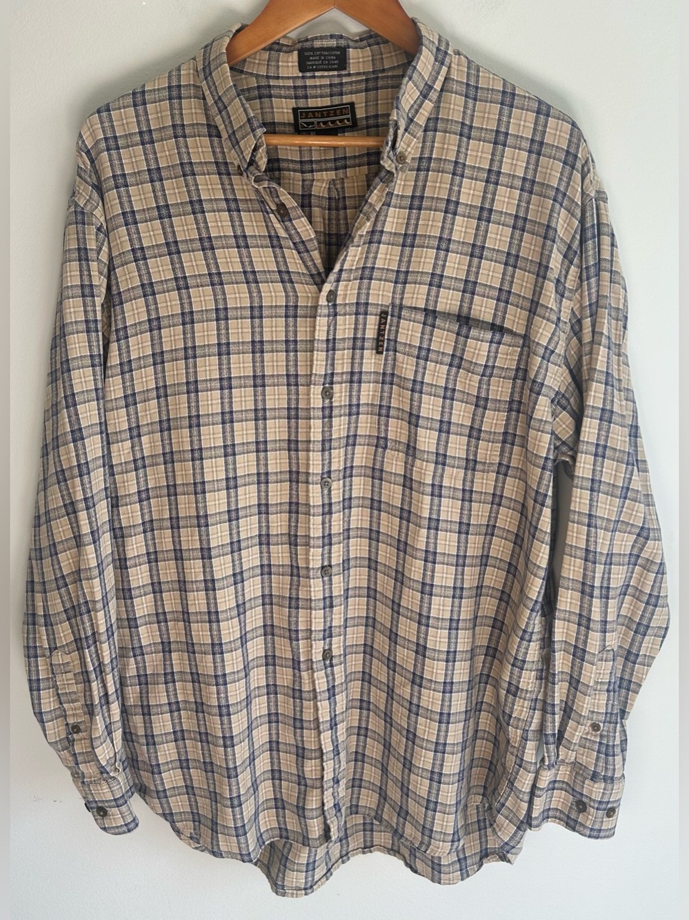 Vintage Jantzen Men’s Button Up Shirt Size XL Brown Blue Plaid 100% Cotton Light